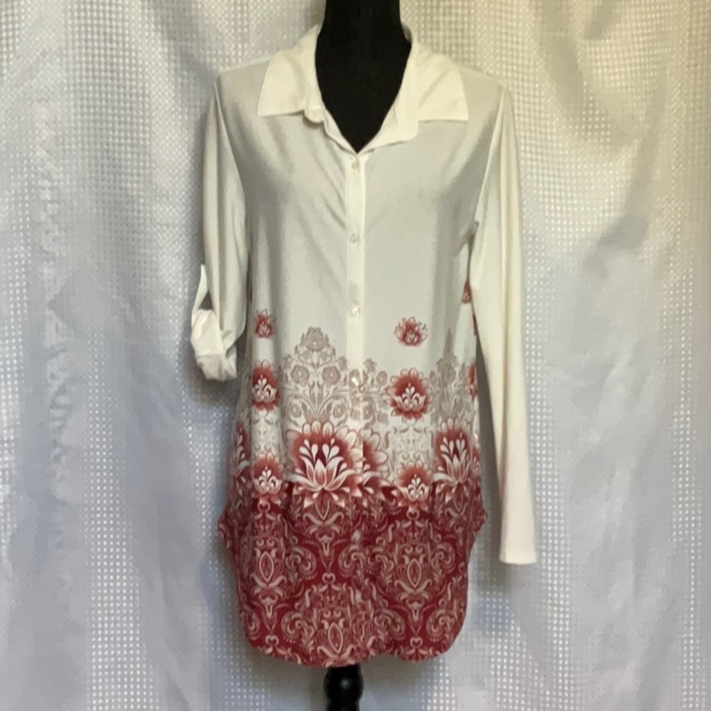 White and Red Long Sleeve Button-Up Shirt